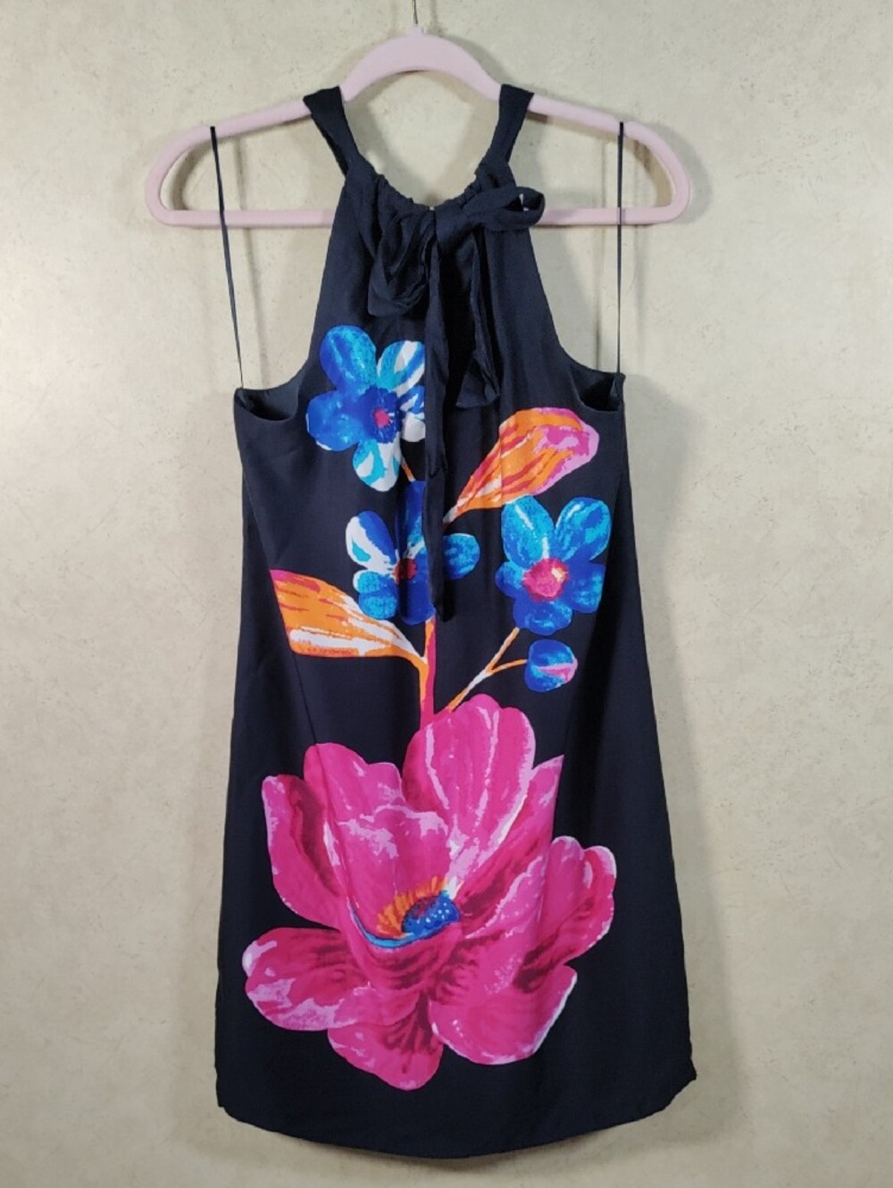 H144 Trina Turk Blue & Pink Floral Tied Neck Dress 6